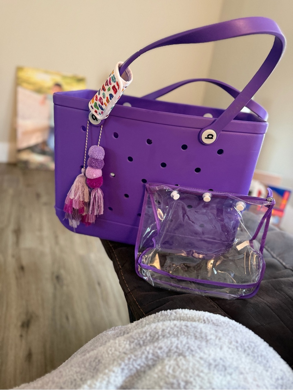 BOGG BAG Purple Tote with Clear Pouch and Tassel Charm